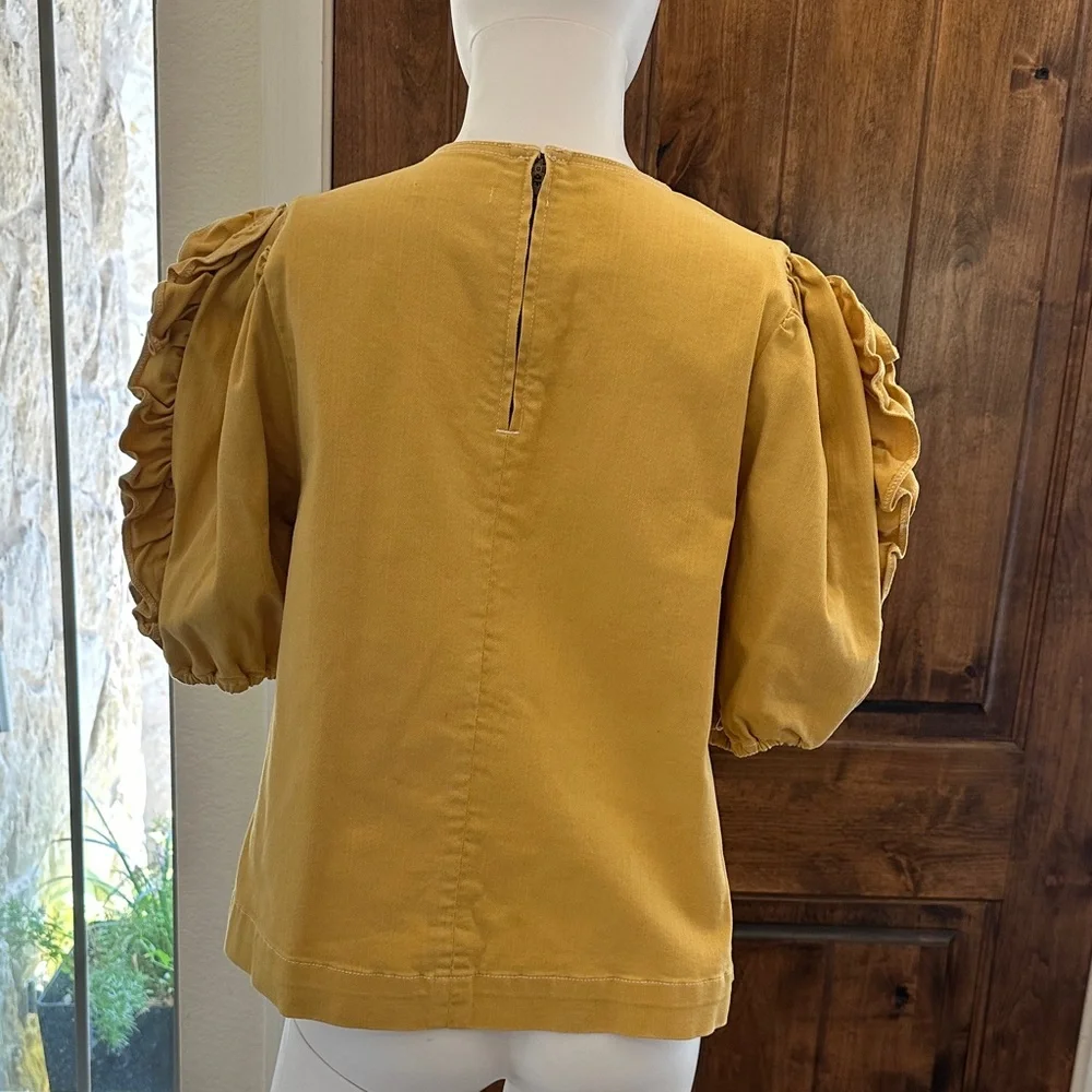 Ulla Johnson Mustard Puff-Sleeve Crewneck Top Size 6